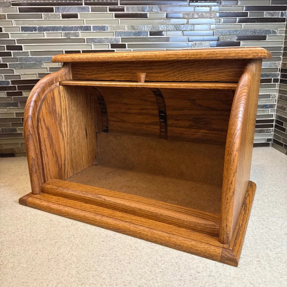 Vintage Solid Oak Roll Top Bread Box Handcrafted Amish Made Rustic Kitchen Decor